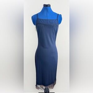 Vintage 90s Cache Little Black Dress Strap Beaded Fringe Hem With Shawl Size 6